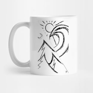 mountains at night on one side, the sunny beach with surf on the other black lines white background Mug